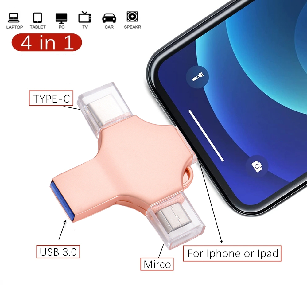 4in1 USB 3.0 Flash Drive 256GB 128GB Rotatable Rose Gold Pen Drive for IPhone /ipad/PC /Mirco Interface Memory Stick U Disk 8GB