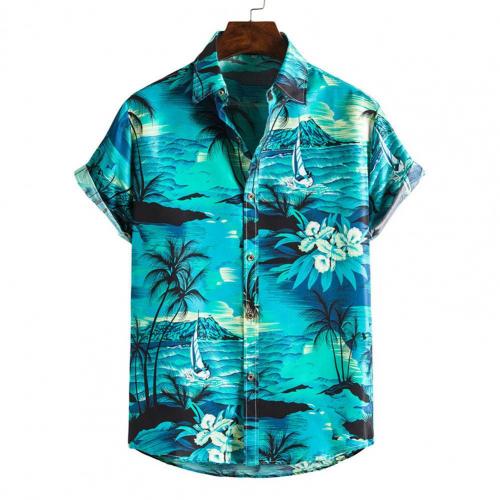 Chemise hawaïenne imprimée à rayures et à col rabattu pour hommes, vêtements de plage, à manches courtes, Slim, à la , été: Green / XL
