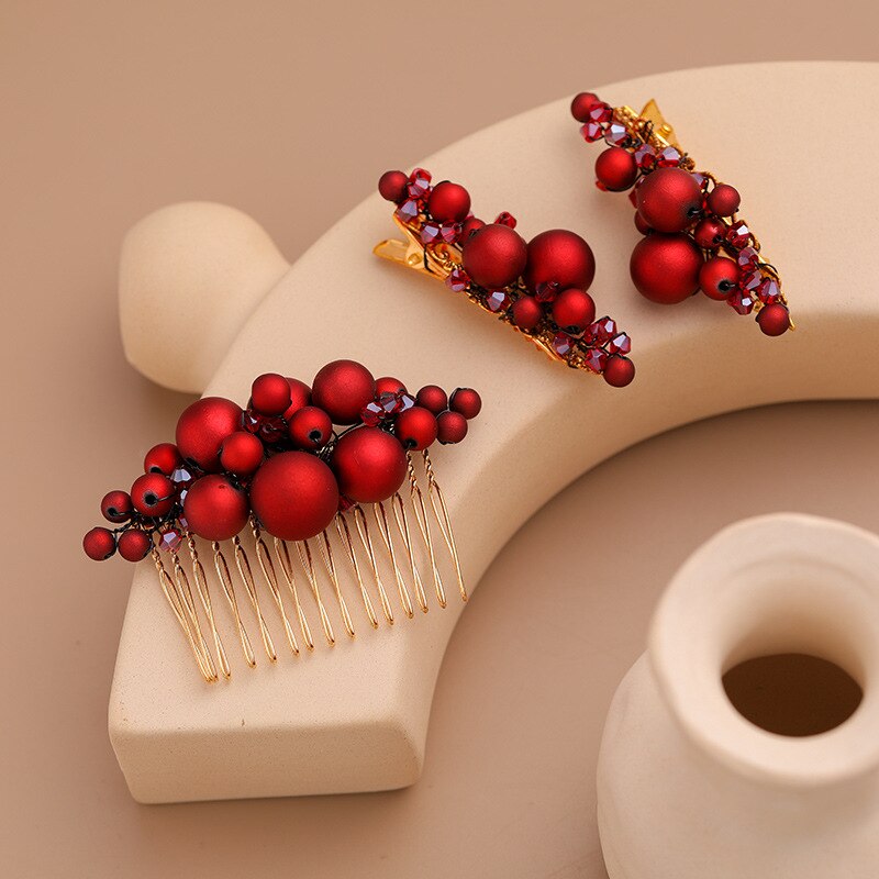 Sombreros, Juego de cepillos para el pelo tejidos a mano rojos, accesorios de horquilla con perlas, accesorios de boda