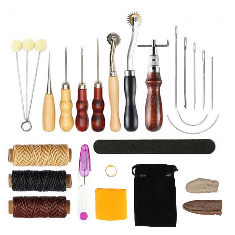 17 Pcs Lederen Gereedschap DIY Hand Naaien Kit met Groover Priem Waxed Vingerhoed Draad voor Naaien