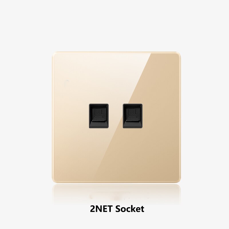 Atlectric wall socket netværk telefon lnterface flammehæmmende guld glaspanel cat 5 rj45 internet stikkontakt dual socket 86mm*86mm: 2 rj 45