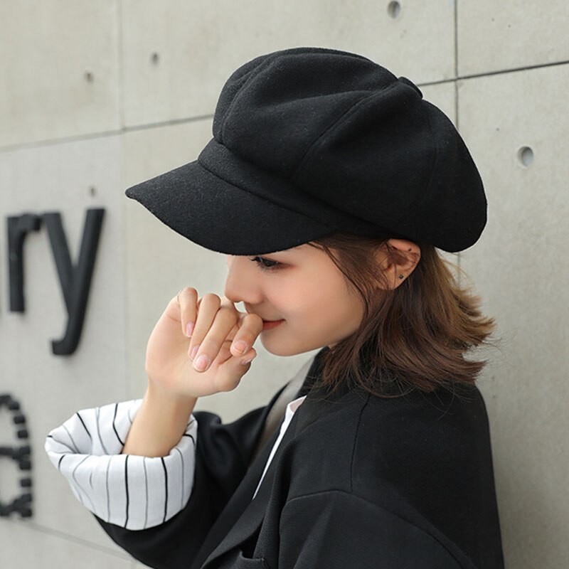 Efterår og vinter ren uld ottekantet hat pige newboy kasket fritid hat: Sort