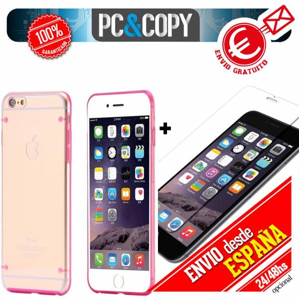 Funda hibrida policarbonato rigida con marco TPU de colores para iphone 6 6S: Fucsia + Cristal Templado