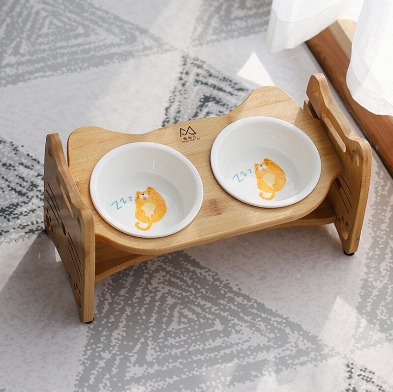 Wooden Pet dining table Double Bowls Cat Tilted Feeders Kitten Dishes with Slope Bamboo Rack Puppy Drink Feeding Bowl HW035