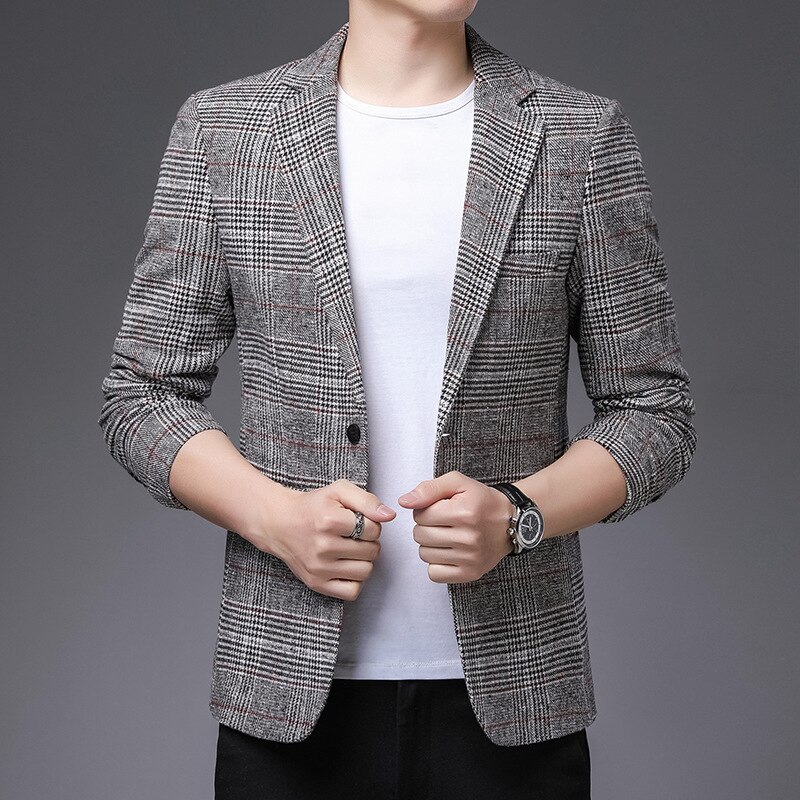 Men's Jacket Blazers Autumn Slim Fit Formal Business Suits Coat Casual Plaid Social Male Jackets Blazer
