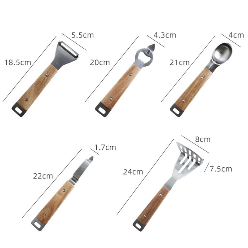 5 Pieces Kitchen Gadgets Set Stainless Steel Utensils with Wooden Handles, Opener Peeler Ice Cream Spoon