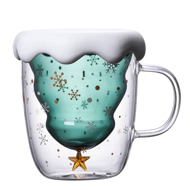300ML Kleurrijke Groene Kerstboom Sneeuwvlok Ster Wens Koffie Cup Dubbel Glas hittebestendig Geïsoleerde Cup Water Mok met Deksel