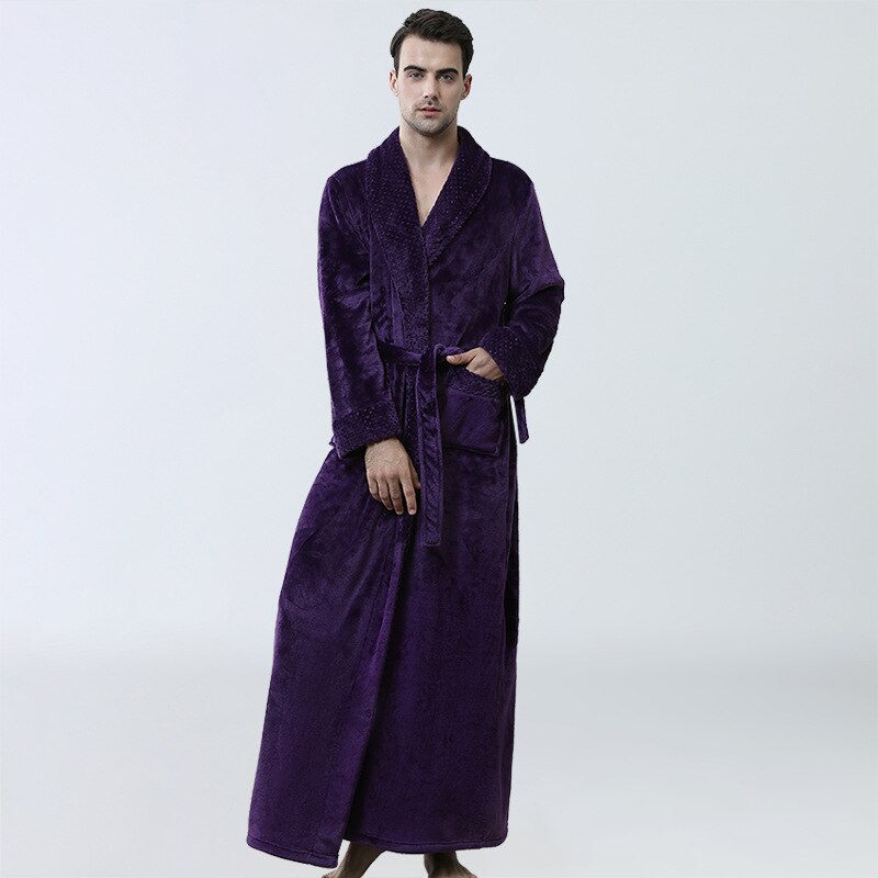 Men's Long Winter Bathrobe Soft Warm Flannel Pure Color Hotel Robe Red Wedding Robes Court Style Pajamas