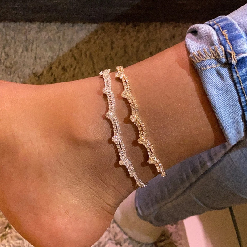 Stonefans Bohemian Double Layer Wave Anklet Bracelet Jewelry for Women handmade Shiny Full Rhinestone Chain Anklet Accessories