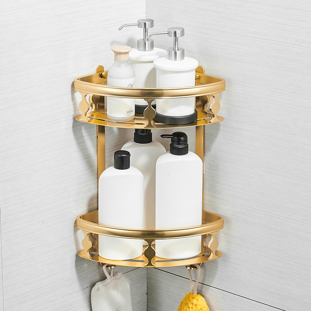 Badeværelseshylder aluminium 2 etagers hjørnehylde brusekabine opbevaring shampoo kurv væg køkken hjørne sticky holder 811015