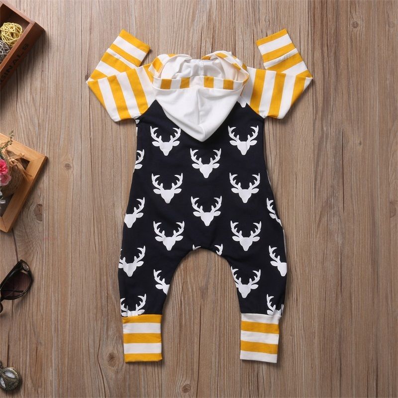 Herfst Pasgeboren Baby Jongen Meisje Kleding Lange Mouw Gestreepte Herten Print Hooded Romper Jumpsuit Een Stukken Outfits 0- 2T