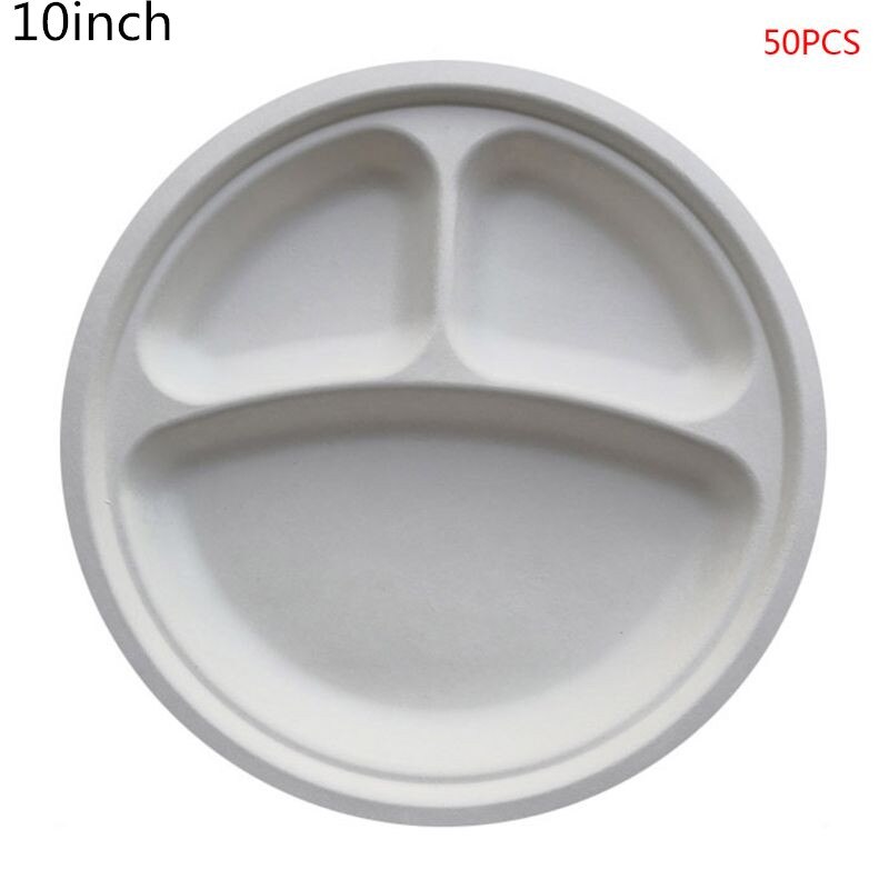 50Pcs/bag 9\"/10\" Degradable Bagasse Paper Plate 3 Compartment Disposable Plate: 10W