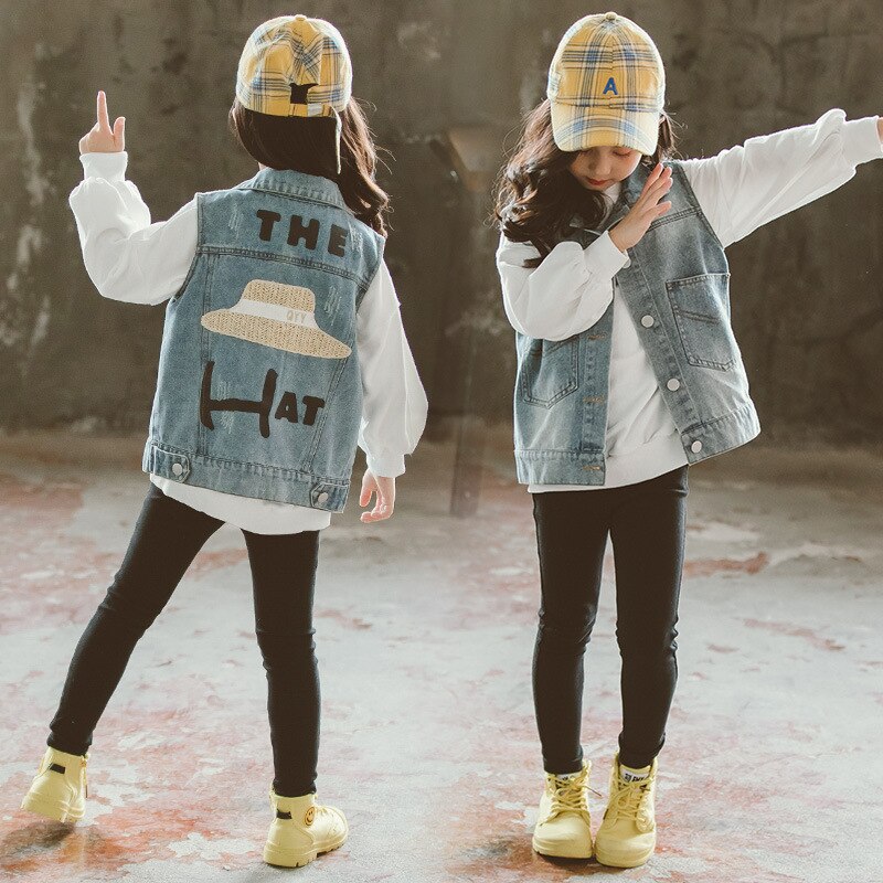Jeans gilet per bambini ragazze moda 2020 primavera Denim giacche senza maniche bel cappello stampa capispalla abbigliamento cappotti per adolescenti 12y