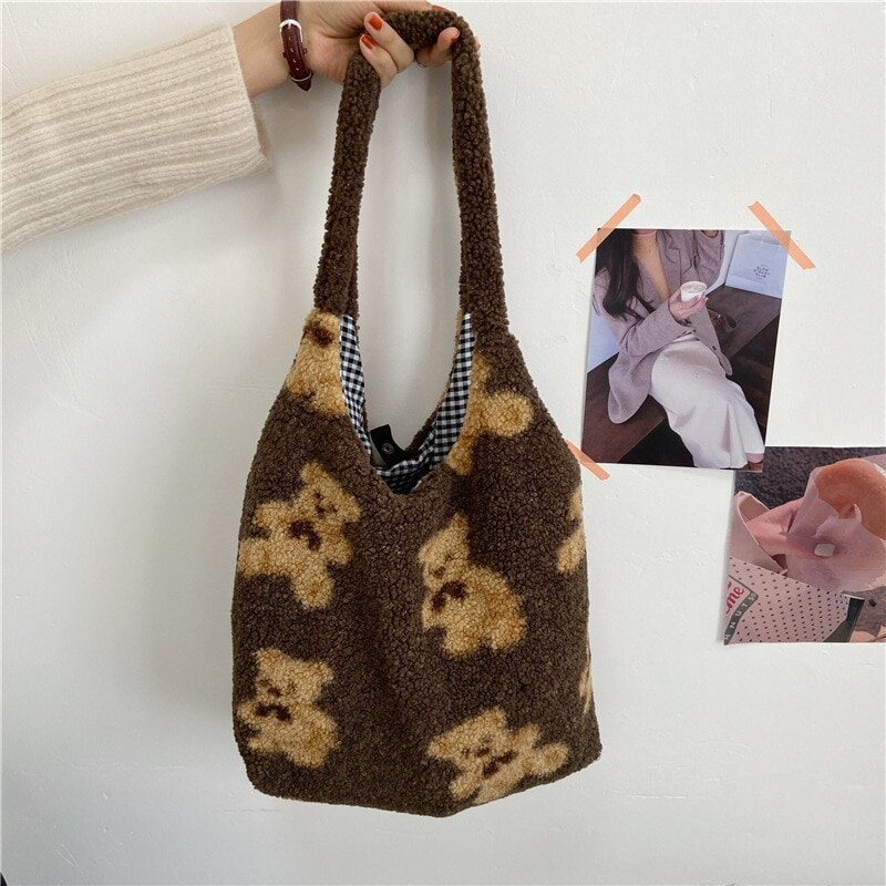 Vrouwen Kawaii Lam Stof Schoudertas Handtas Tote Grote Capaciteit Borduurwerk Shopper Tassen Leuke Tas Voor Meisjes Nieuw: Brown-B