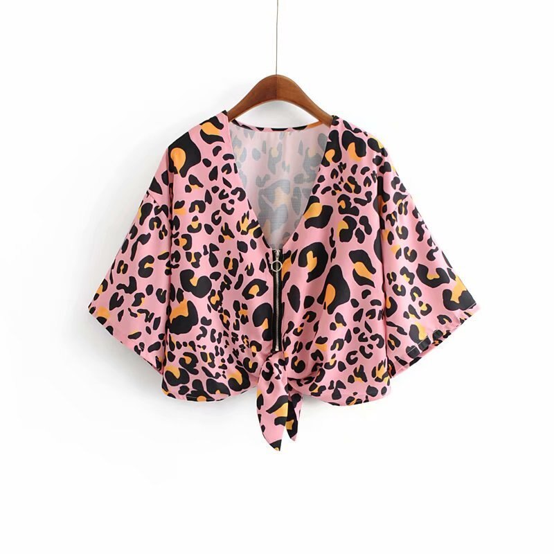 YY189-38 Roze Luipaard rits boog herfst hennep overhemd