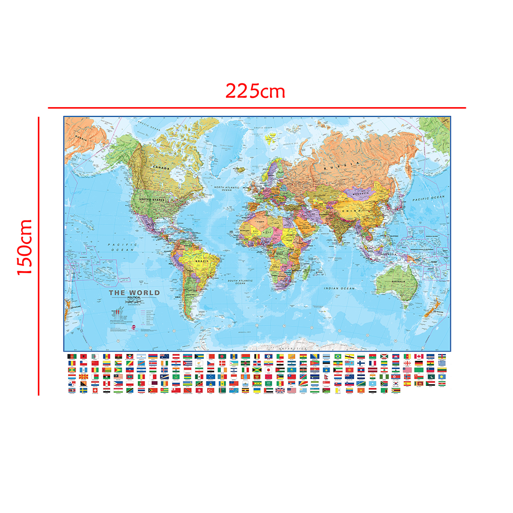 De Wereld Politieke Fysieke Kaart 150X225 Cm Opvouwbare No-Fading Wereldkaart Met Nationale Vlaggen Voor Cultuur en Onderwijs