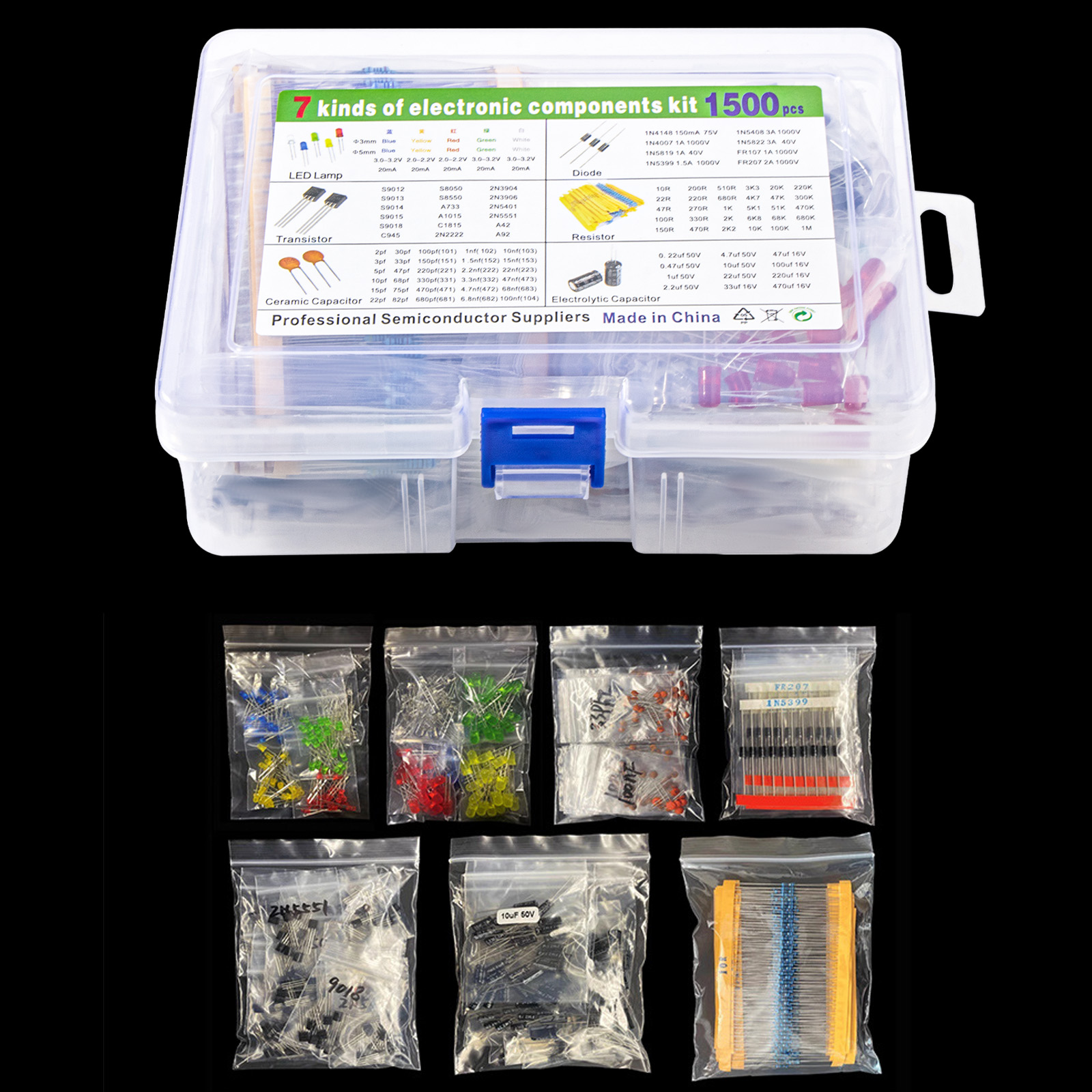 1500 Stuks Elektronica Component Assortiment Kit Condensatoren Led Diode Gelijkrichter Weerstand Transistor Voor Arduino Diy Project