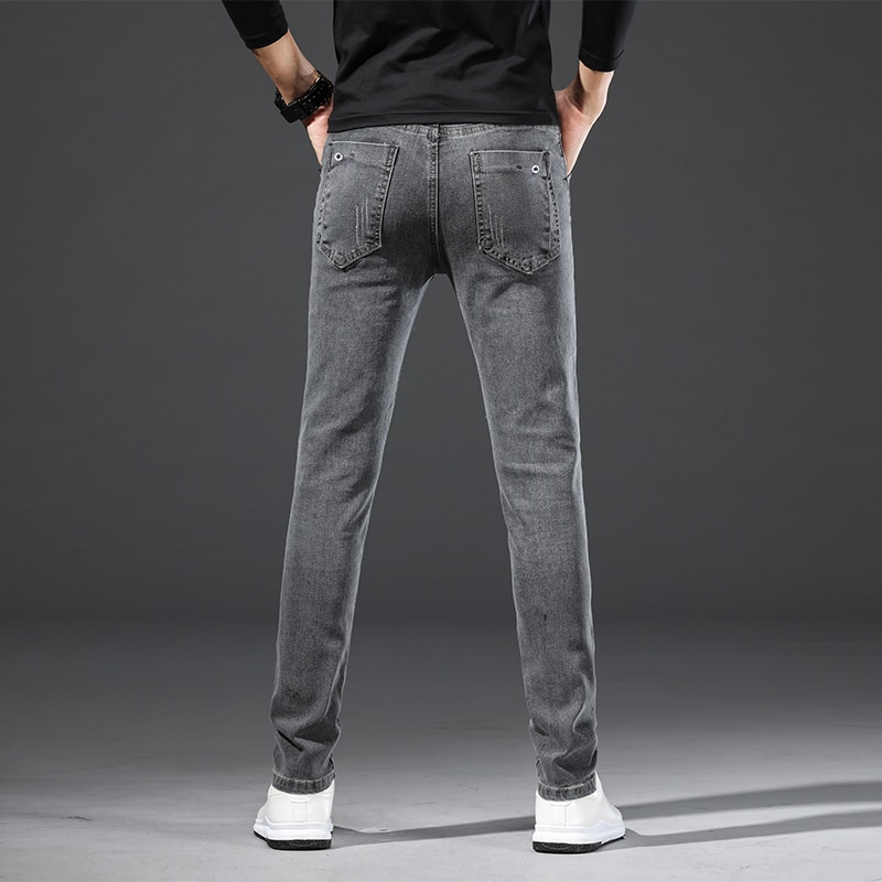 Men Streetwear Vintage gray Slim fit Jeans Trousers Male Simple Style Cotton Casual Straight Denim pants