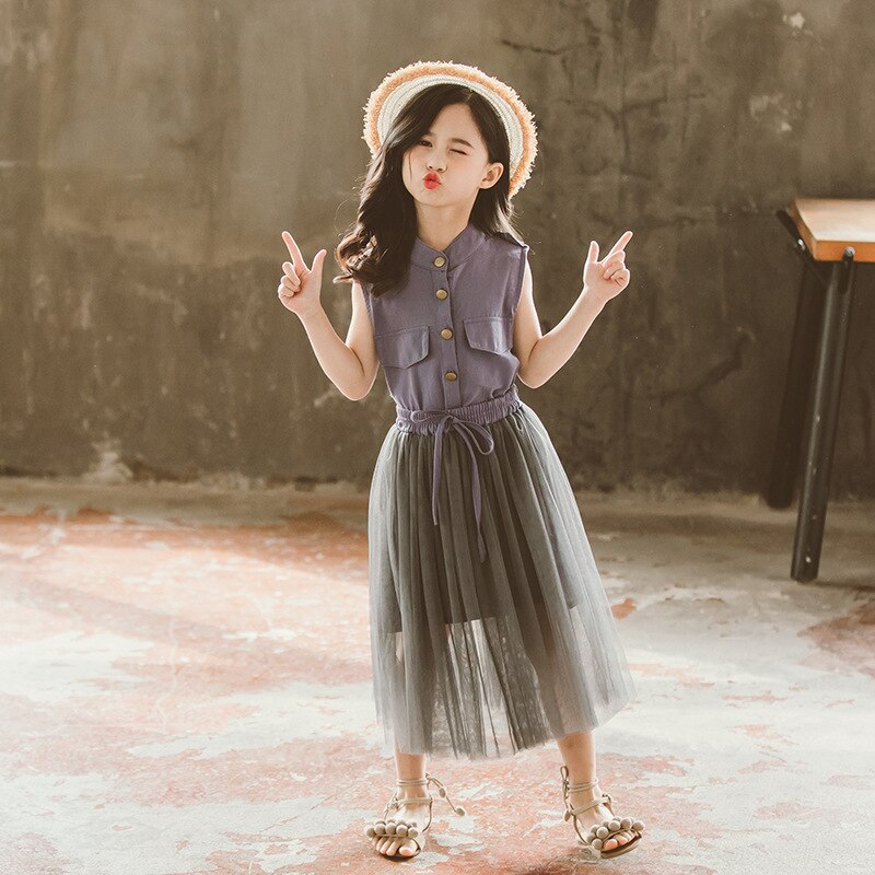 Teenage Girl Dress Summer Sleeveless Meash Spliced Princess Kids Dresses For Girls Children Clothing 4 5 6 7 8 9 years: cyan / 7T