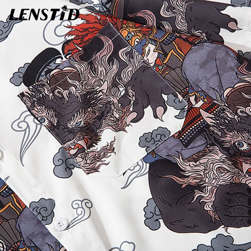 LENSTID Men Hip Hop Cat Samuri Printed Hawaiian Shirt Harajuku Streetwear Beach Shirt Summer Short Sleeve Thin Aloha Shirts