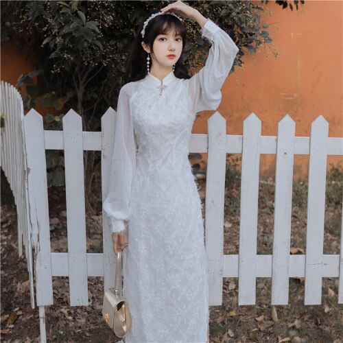 Summer Slim Aristocratic Bubble Sleeve Improved Cheongsam Dress Chinese Traditional Lantern Sleeve Party Dress: S