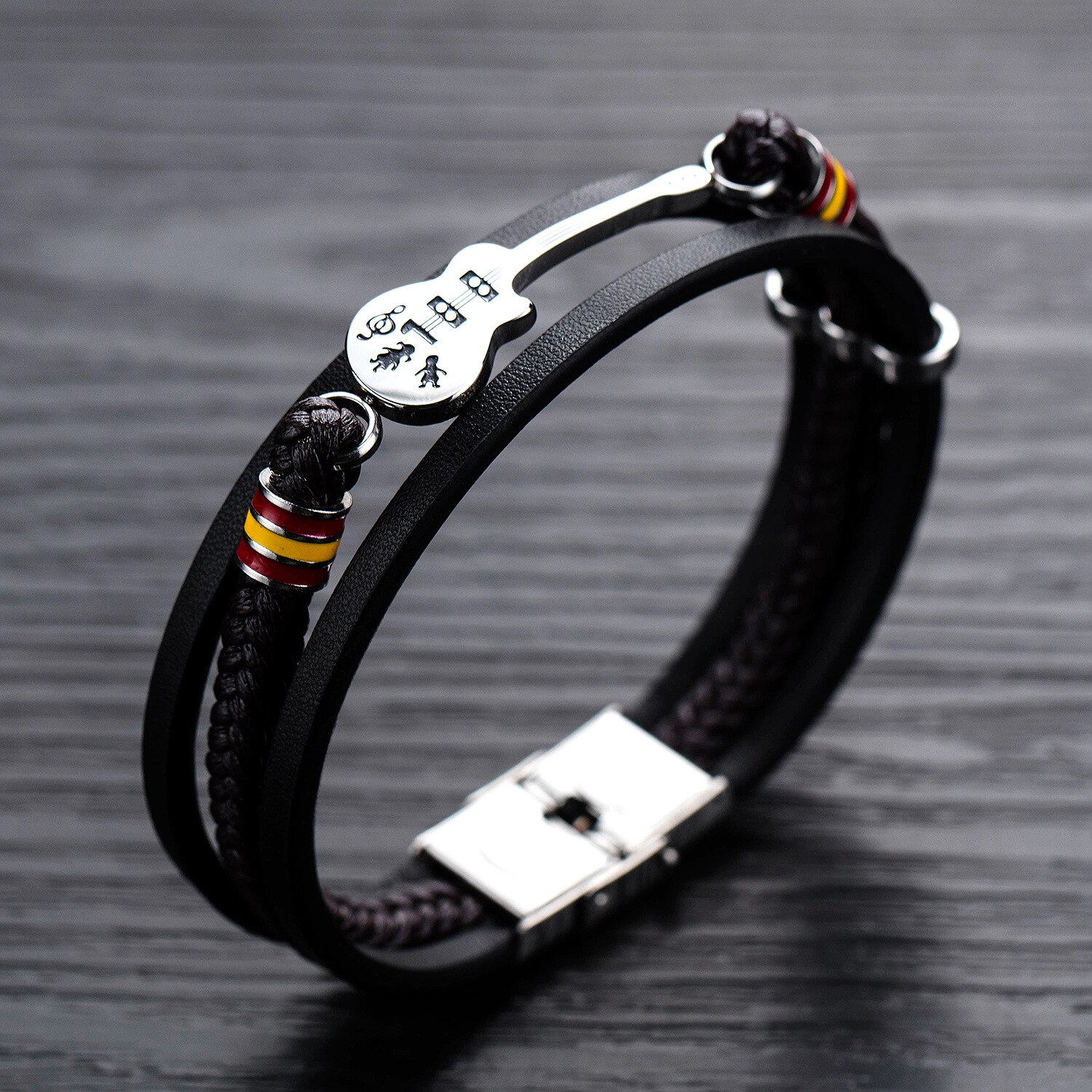 Punk Men Stainless steel Guitar Leather Bracelet Bracelets Multilayer Braided Leather Bracelet Jewelry