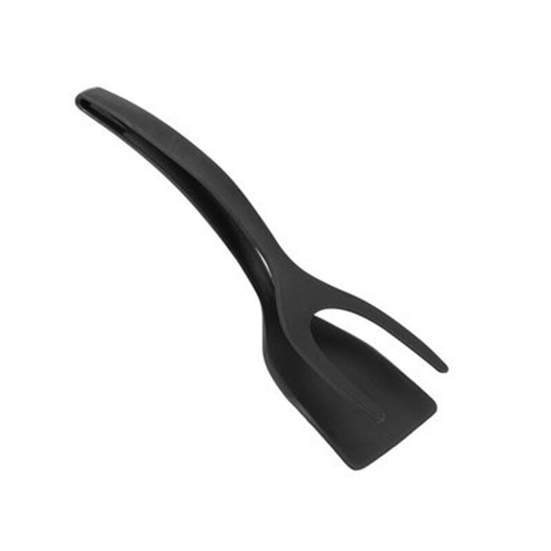 2 In 1 Multifunctional Non-Stick Food Clip Tongs Fried Egg Cooking Turner Pancake Spatula Pizza Barbecue Omelet Kitchen Clamp: Black