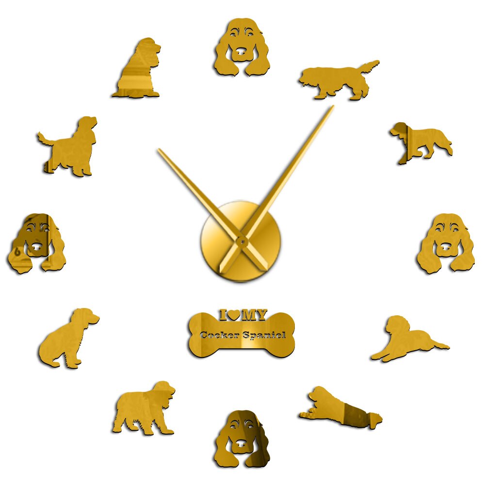 Cocker Spaniels Mirror Effect Stickers DIY Giant Silent Wall Clock Dog Pet Owners Home Decor Cockers Mute Wall Art Hanging Watch: Gold / 27 Inch