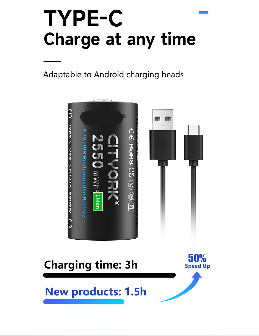 3.7V 16340 16350 Rechargeable Battery USB Rechargeable RCR123 CR123 CR123A Btteries For LED Flashlight With USB Cable