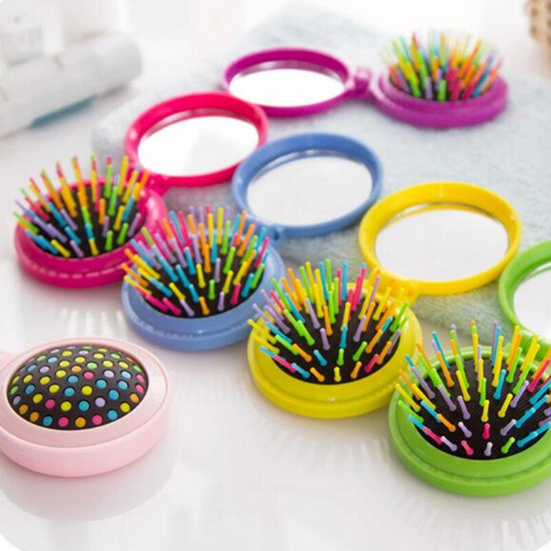 Mini peine plegable multifunción , cepillo de pelo de viaje redondo con espejo, para maquillaje