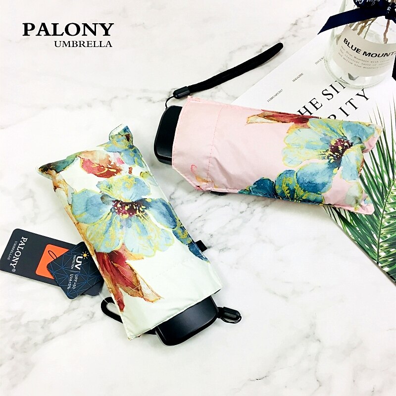 Paliony fem sammenleggbare kompakte og bærbare ultralett slanke lommer mini trykt med fasjonabelt blomstermønster utendørs reiser uv og vindbeskyttelse kvinners og fjøs solfylte og regnfulle paraply.