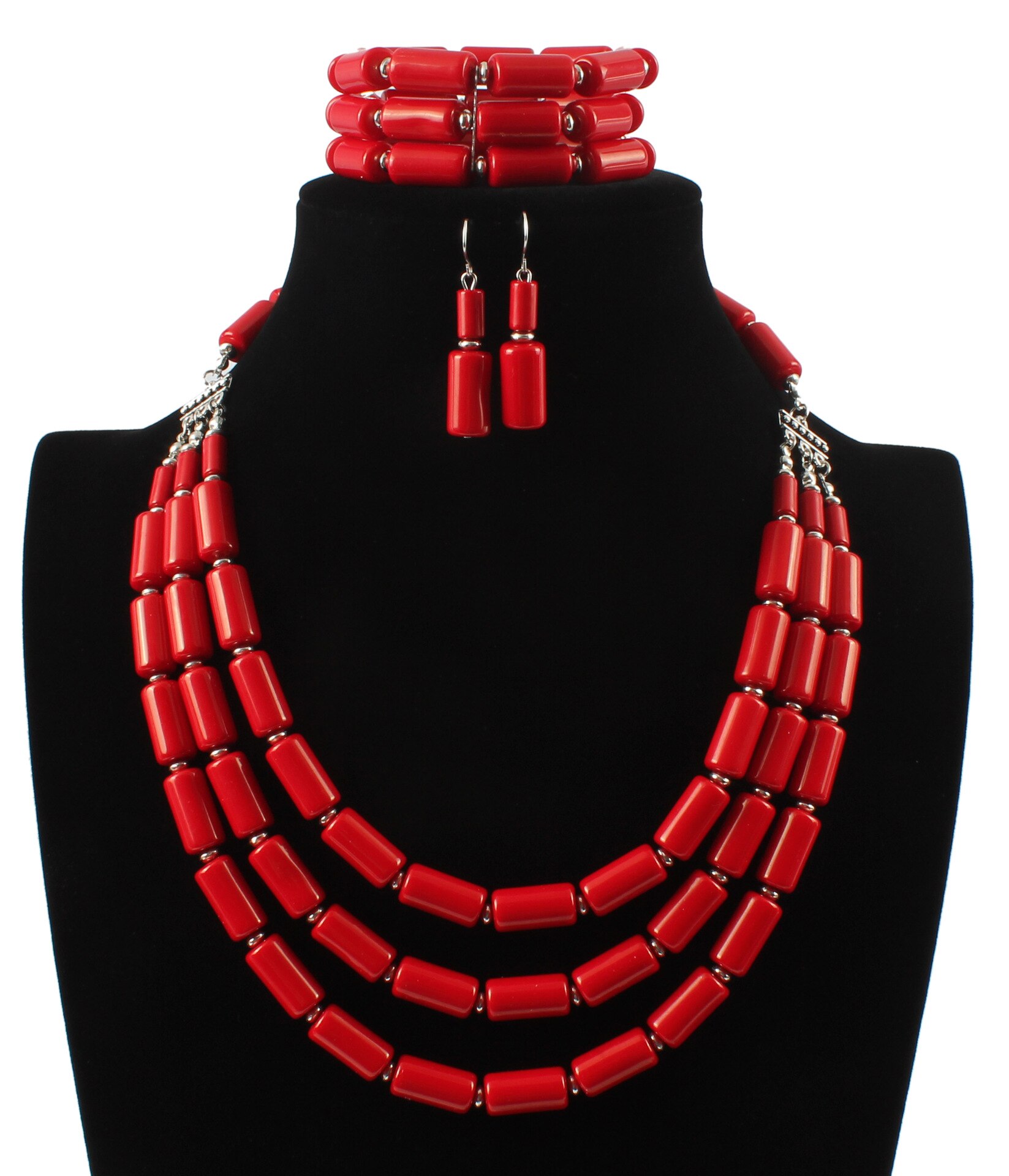 Een Set 3rows Orange Coral/Paars/Groen/Blauw Acryl Kralen Ketting/Armband/Oorbellen: Silver Plated