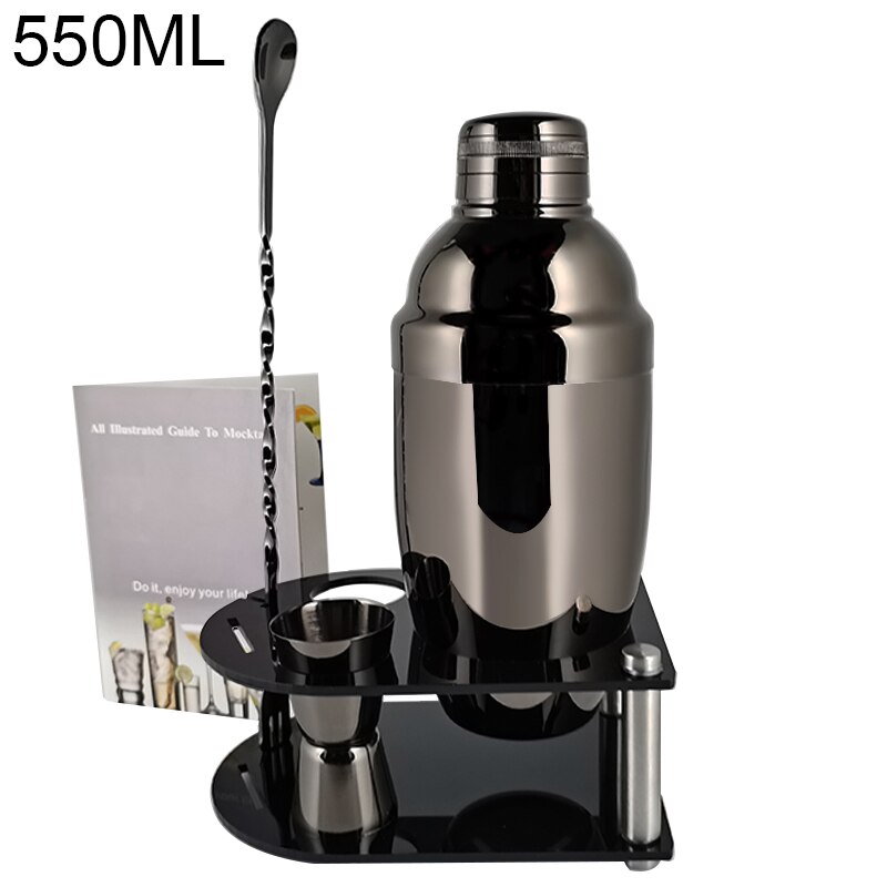 Stainless Steel Cocktail Shaker Set 550/750ml With 15/30ml Measuring Cup Jigger Kit Wine Spoon Strainer Muddler Bar Tools: 5P B 550ML Stand