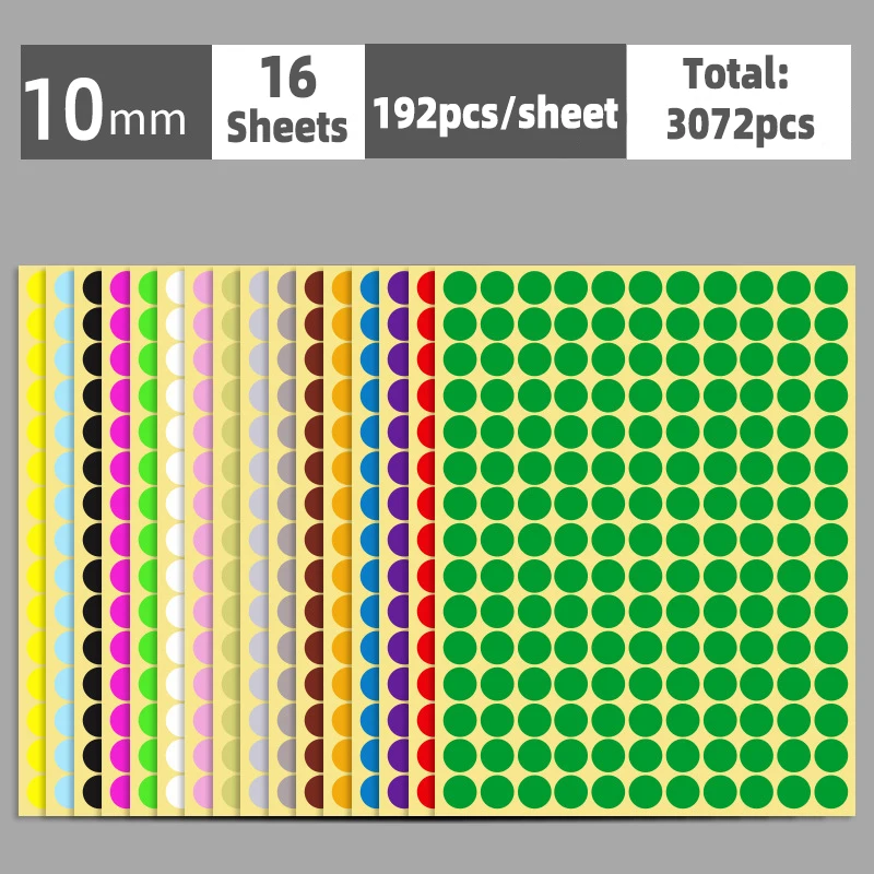 Autocollants à pois auto-adhésifs, étiquette ronde, fournitures scolaires, document mixte, multi-taille, 6mm, 8mm, 10mm, 13mm, 16mm, 19mm, 25mm, 32mm, 50mm, 100mm, 16 feuilles: jaune clair
