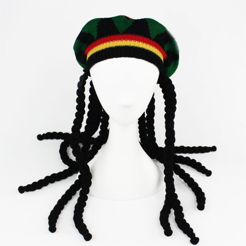 Mężczyźni kobiety nowość dredy czapka z peruką reggae jamajski styl szydełkowane czapki z dzianiny długie czarne włosy Halloween beret czapka 40JF