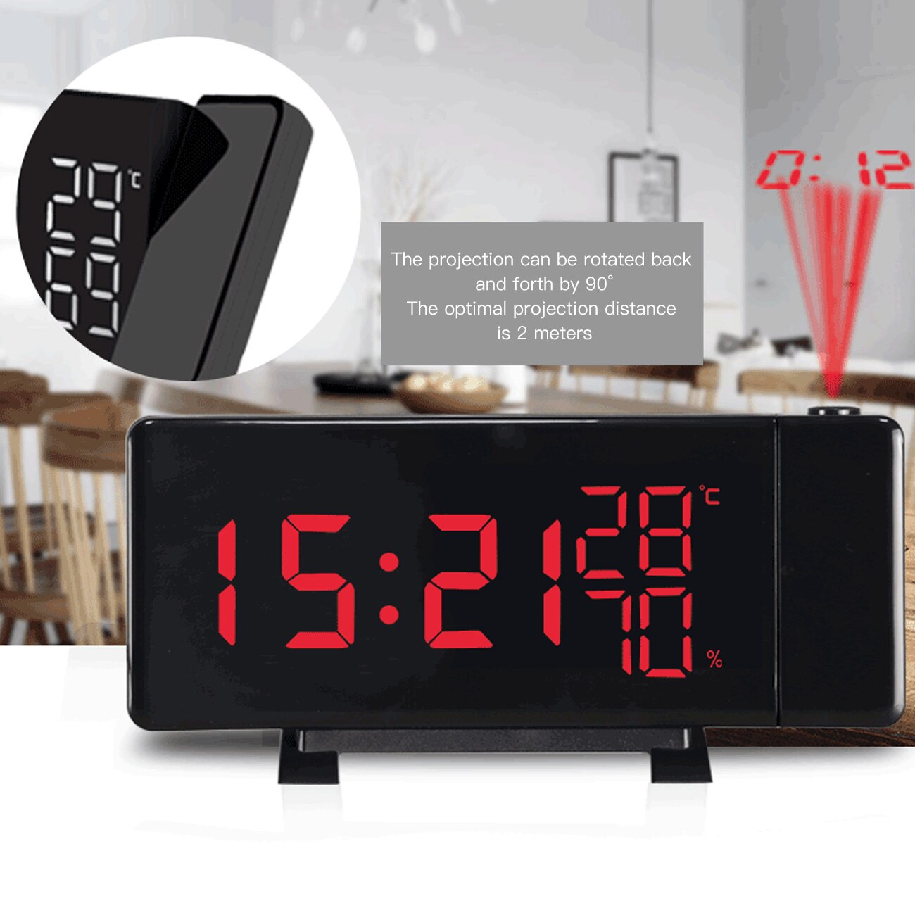 Snooze Elektronische Timer Projectie Wekker Met Temperatuur Vochtigheid Backlight Usb Projectie Klok Fm Radio Klok Voor Kamers