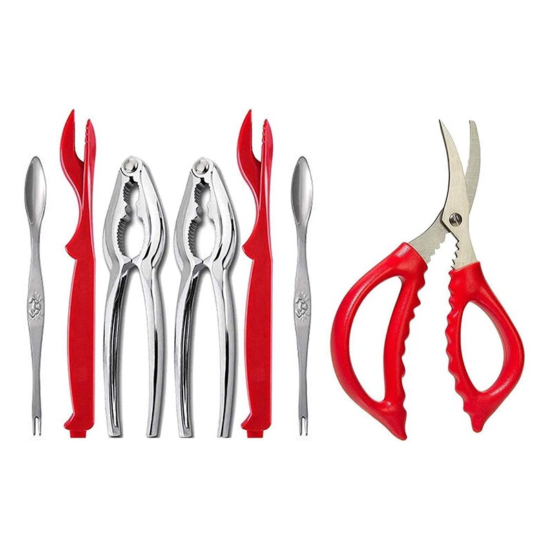 the 7-Piece Seafood Tool Set Includes 2 Crab Crackers, 2 Lobster Shells, 2 Crab Forks/Pickles and 1 Seafood Scissors: Default Title