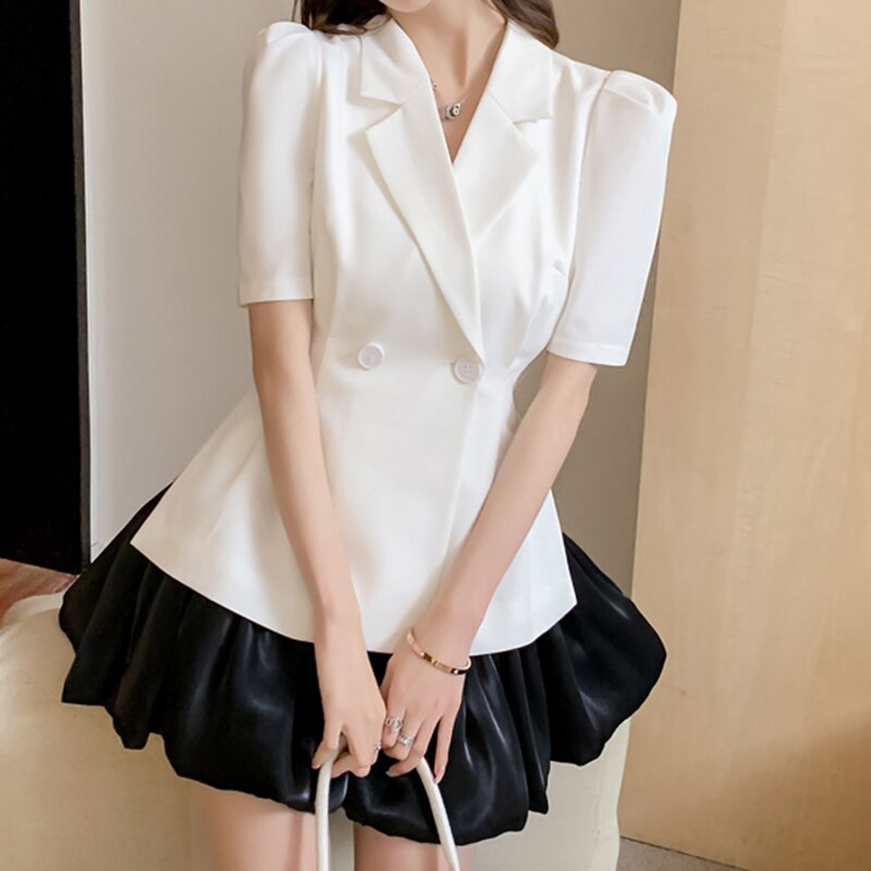 Sungtin-Conjunto de chaqueta y falda para mujer, Blazer largo de manga abombada blanca de Corea, minifaldas elegantes de línea A negra, conjuntos de 2 piezas de falda de verano: Blanco / M