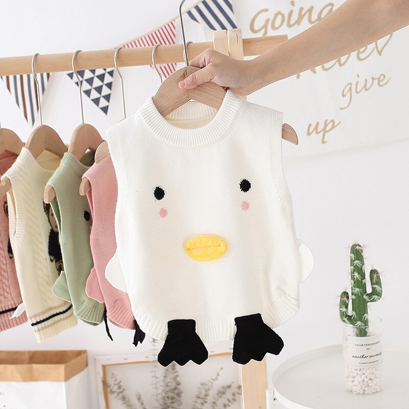 Unisex Baby Cartoon Duck Knitted Vest Kids Sweater Toddler Boy Girl Pullover Child Jacket Fall Clothes Tops: 88205-white / 5T