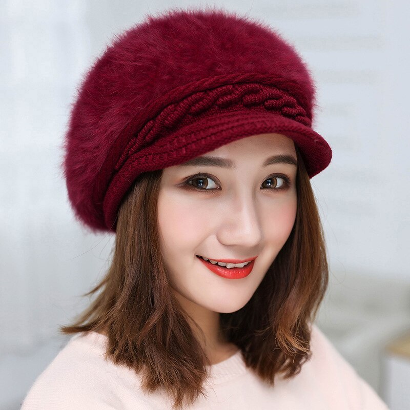 Women Warm Fleece Inside Twist Crochet Knitted Visors Cap Autumn Winter Brim Wool Hat Solid Color Soft Beanie Female: Burgundy