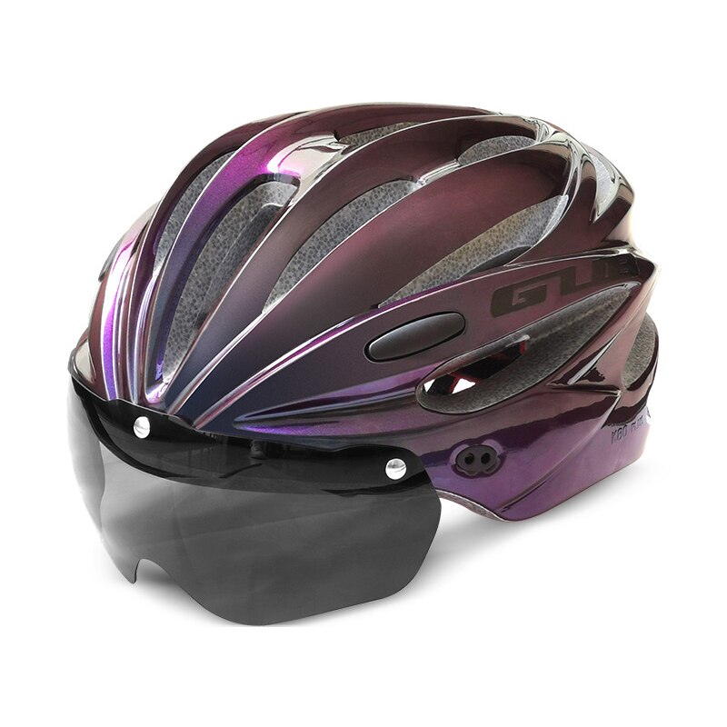 Mtb racefietshelm integraal gevormde fietshelm met vizier, brillenlens, ultralichte, veilige fietshelm voor heren en dames: Aurora paars