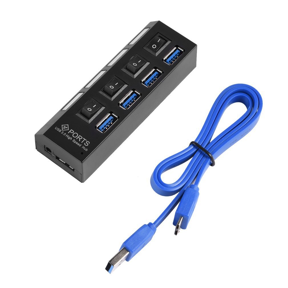 High Speed USB 3.0 Hub 4 Ports Speed 5gbps with On/off Switch and Cable Universal for PC Laptop Computer Desktop Black