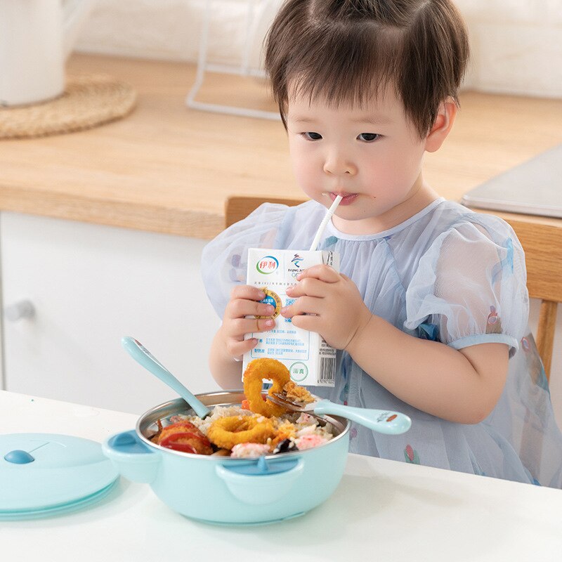 Plato de comedor de acero inoxidable para niños, ventosa anticaída para bebés, Bol Lleno de agua de calor para conservar Su plato divisorio