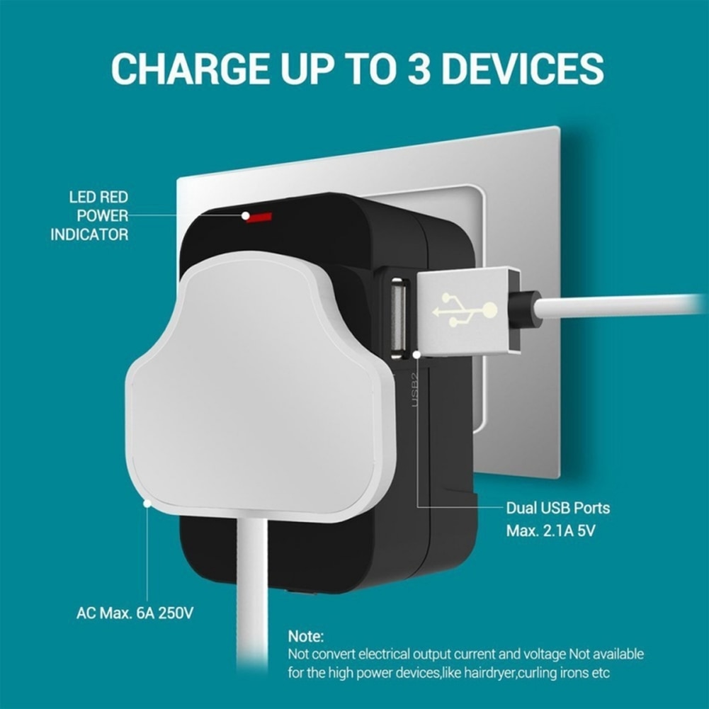 Universal Travel Adapter - 2 USB Ports, 2500W, 100-240V, Overload Protection, for USA EU UK AU