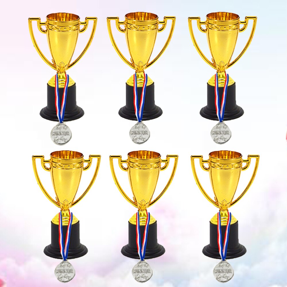 12pcs Mini Gold Cups Trophy and Award Medals Prizes Small Medals Awards Trophy Toys for Students Sport(6pcs Trophie