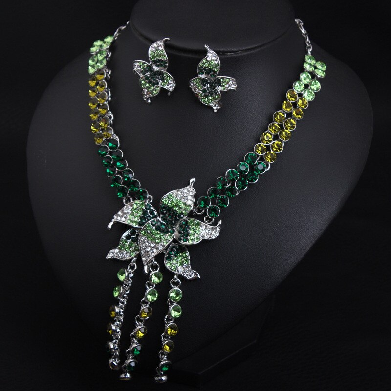 Flower Full Crystal Tassel Necklace Earrings Jewelry Sets Wedding Bridal Party Prom Female Rhinestones Accessories