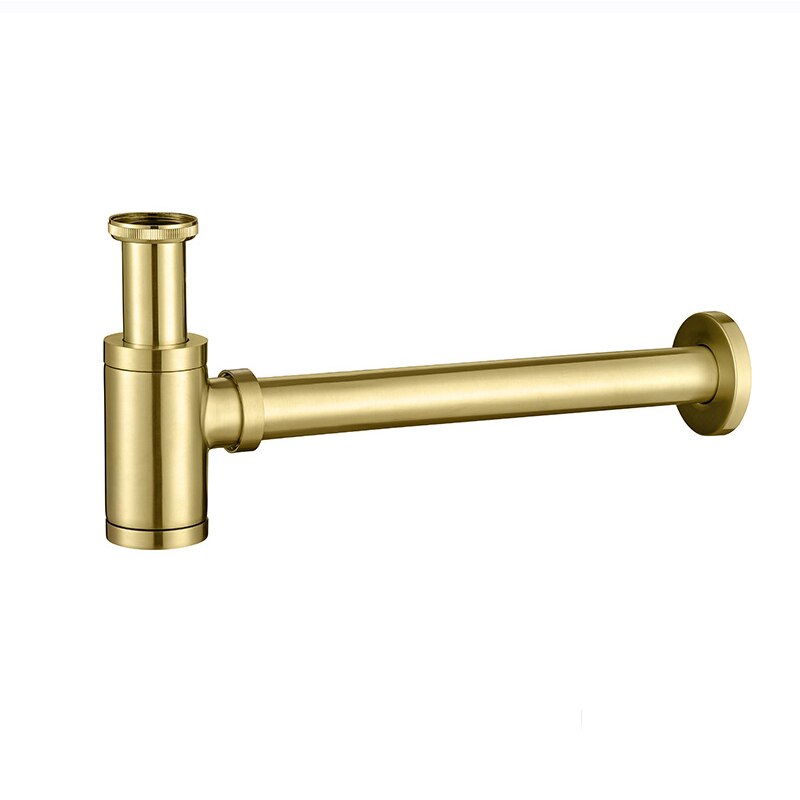 Brushed Gold Brass Pop-Up Basin Waste Drain, Basin Mixer P-Trap Waste Pipe Into The Wall Drainage Brass Vessel Or Ceramic Sink: Brushed Golden-A