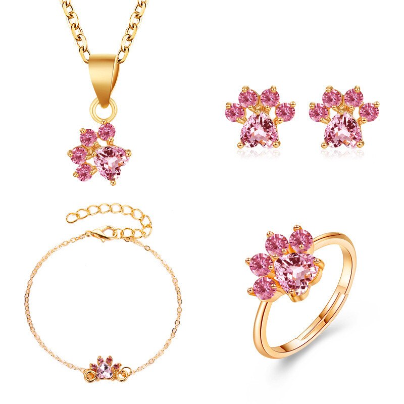 Niedliche Weibliche Rosa Kristall Schmuck-einstellen Charme Ring Gold Farbe Zucht Ohrring Für Frauen zierlich Katze Pfote Armbinde Hochzeit Kette halskette