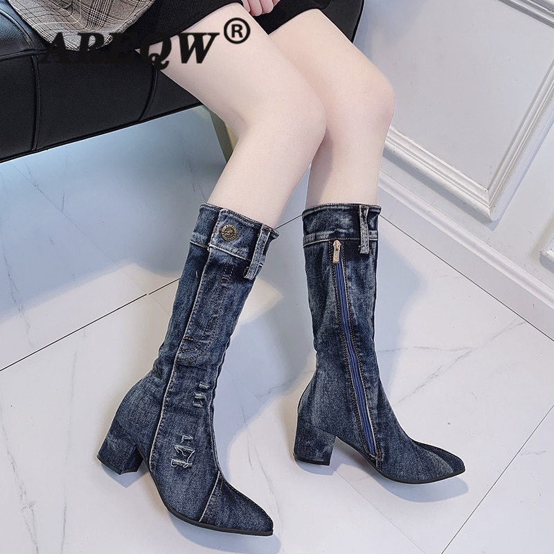 Sexede jeansstøvler dame ankelrør kvinder kort støvle vinter mellemhæl denimstøvle dame stilfulde jeansstøvler lynlåssko cowboy