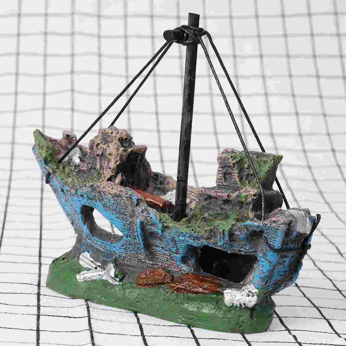 Resin Fishing Boat Aquarium Ornament Plastic Decoration Plant for Fish Tank Accessories